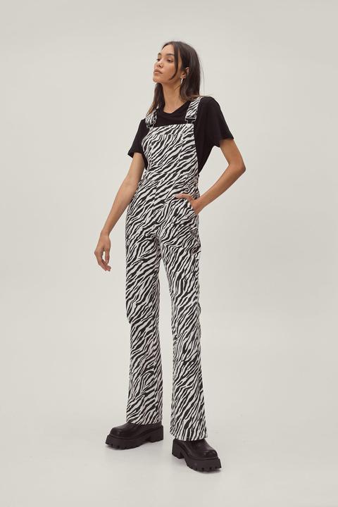 Womens Zebra Print Denim Dungaree Jumpsuit