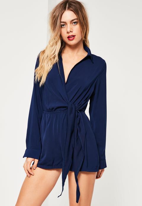 Navy Wrap Front Shirt Playsuit