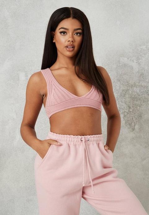 Pink Co Ord Knit Plunge Bralet, Rose Pink