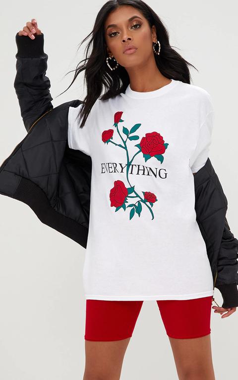 White Everything Slogan Roses T Shirt, White