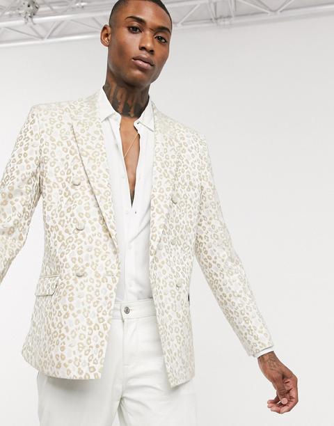 Asos Design Slim Double Breasted Blazer In Leopard Jacquard-white