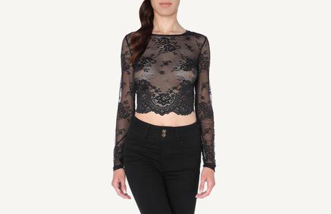 Crop Top A Manica Lunga In Pizzo