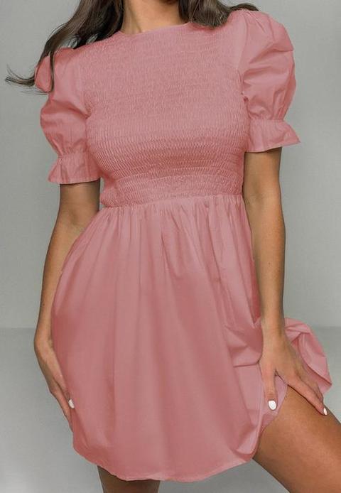 Blush Shirred Bust Frill Sleeve Dress, Pink