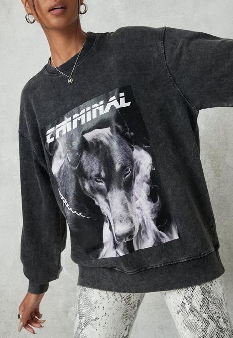 Grey Washed Brushed Back Criminal Dog Graphic Sweatshirt, Grey