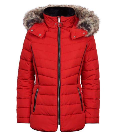 Red Faux Fur Trim Hooded Puffer Jacket 