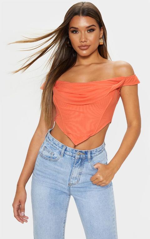 Orange Corset Mesh Bardot Top