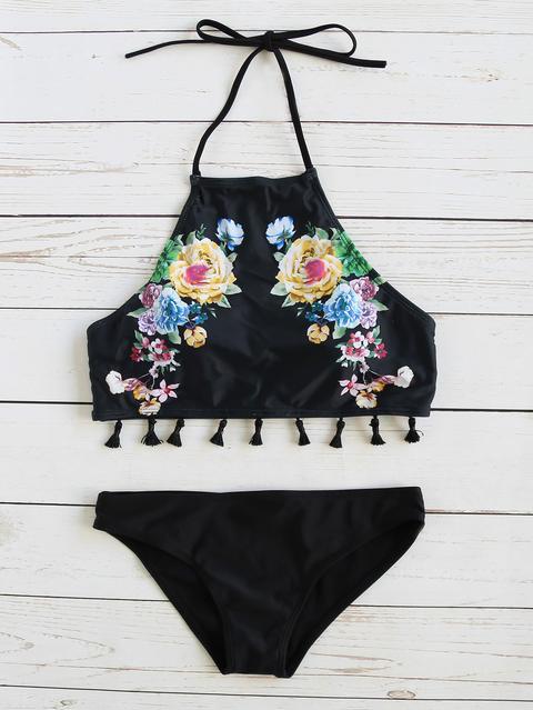Black Floral Print Fringe Hem Halter Bikini Set