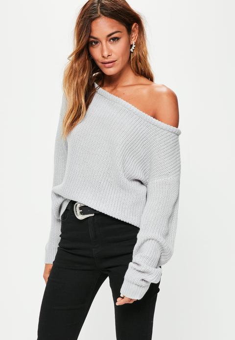 Grey Off Shoulder Knitted Jumper