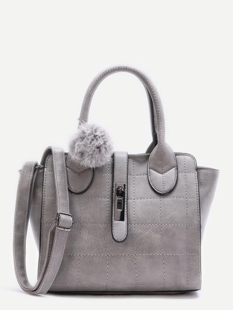 Bolso Tote De Pu Con Pompón Gris