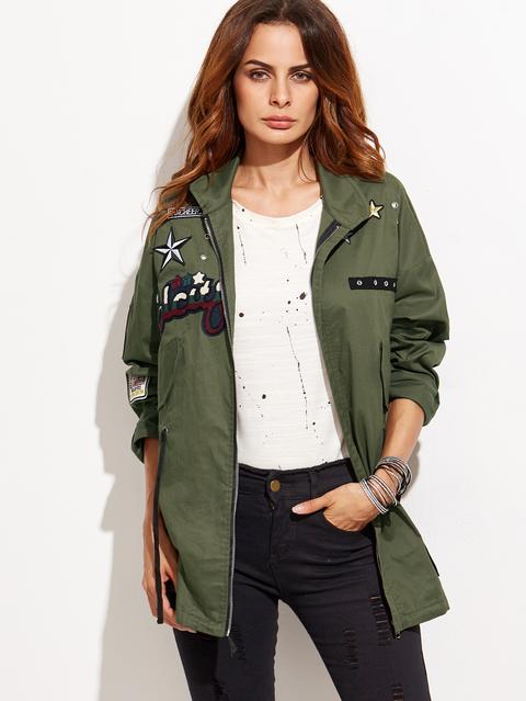 Army Green Patch Zipper Coat With Drawstring