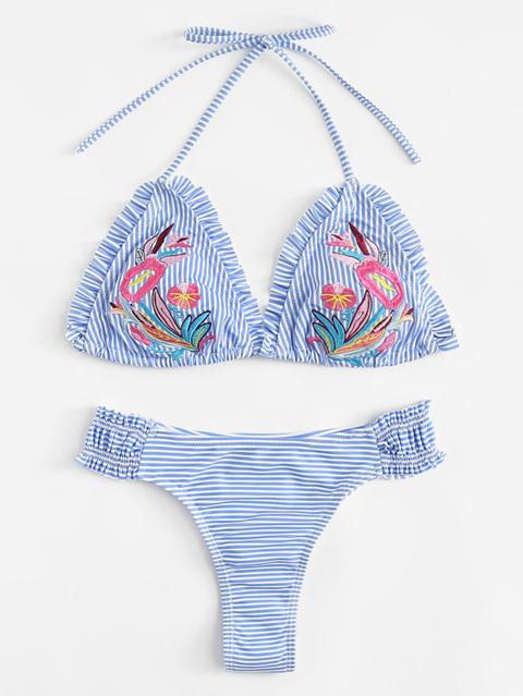 Set De Bikini De Rayas Con Bordado Floral