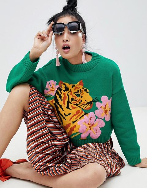 Asos Design - Maglione Con Tigre E Fiore Tropicale - Verde