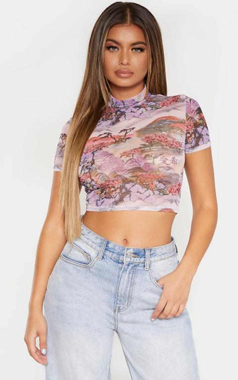 Lilac Oriental Mesh Printed Crop Top