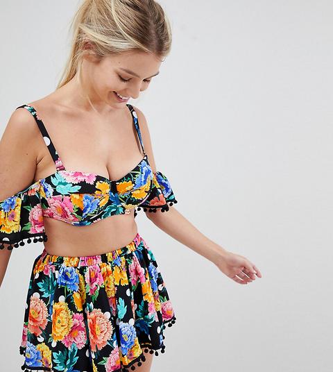 Top De Bikini Bardot Con Pompón Y Aros Con Estampado Floral De Lunares De Asos Design Fuller Bust-multicolor