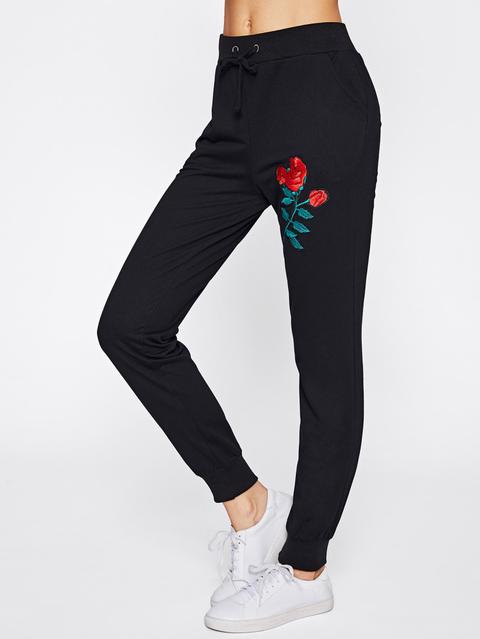 Embroidered Applique Ribbed Sweatpants