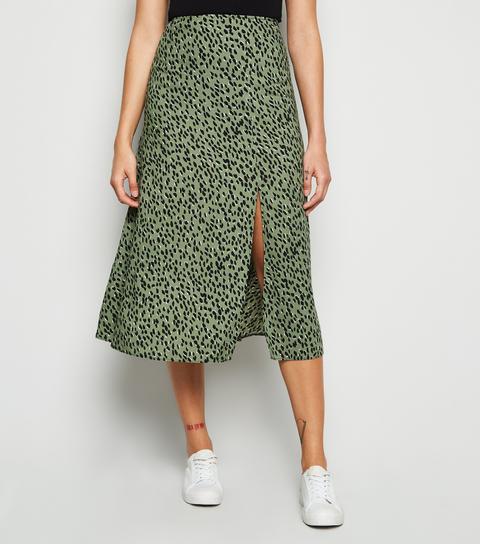 Green Spot Side Split Midi Skirt New Look