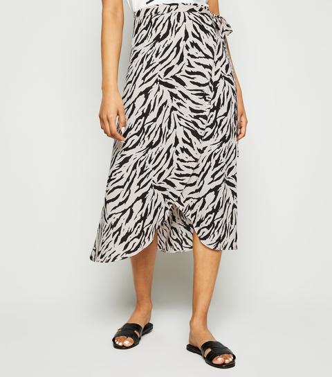 Petite Black Tiger Print Wrap Midi Skirt New Look