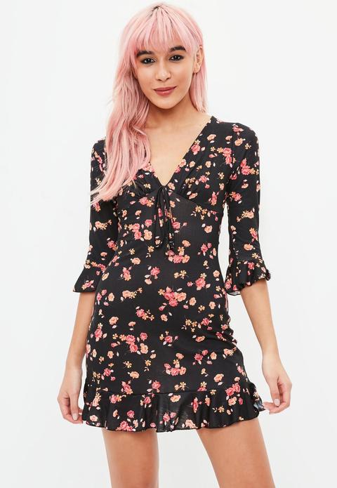 Black Floral Print Frill Tea Dress, Black