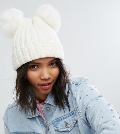 My Accessories Beanie With Double Faux Fur Pom - Cream