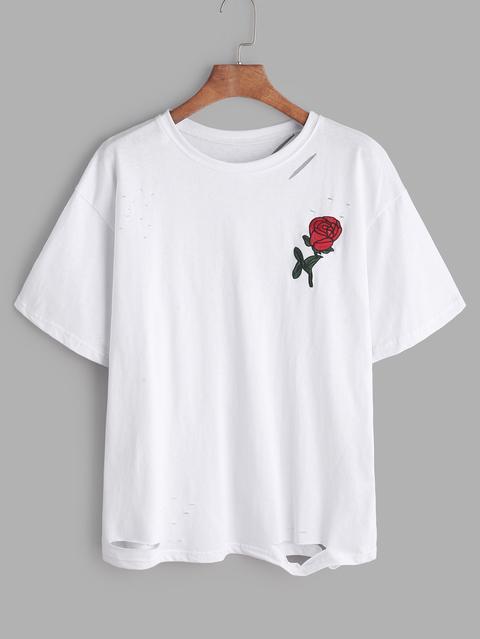 White Rose Embroidered Ripped T-shirt