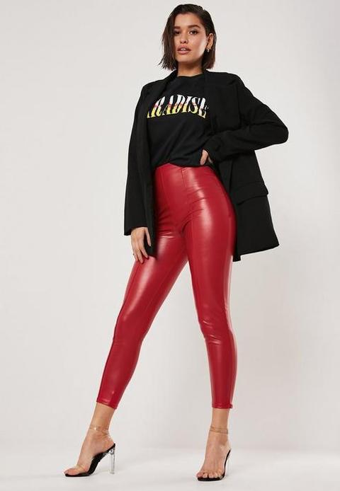 Red Faux Leather Seam Detail Leggings, Red