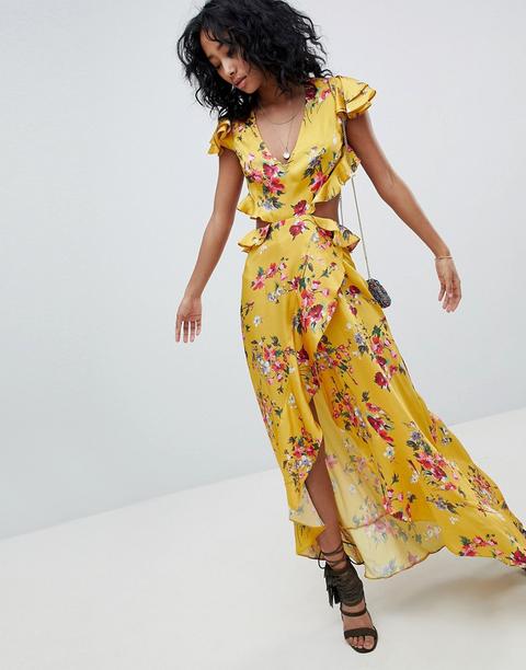 Asos Design - Vestito Lungo Giallo Con Stampa A Fiori