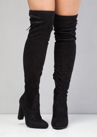 High Over The Knee Tie Back Faux Suede Boots Black