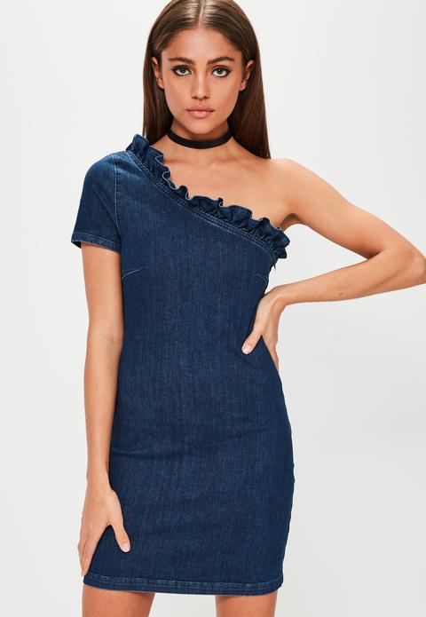 Blue One Shoulder Frill Denim Dress