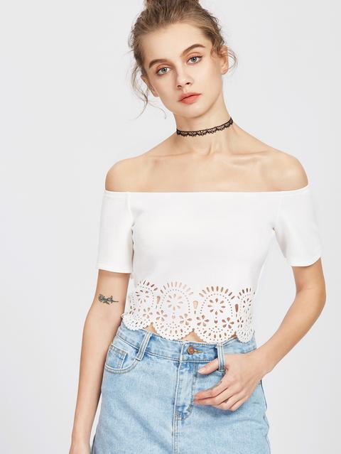 Bardot Neckline Scallop Laser Cutout Top