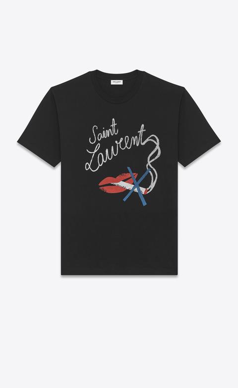 Oversized Short Sleeve Bouche Saint Laurent T-shirt In Black, Red And Ivory Cotton Jersey