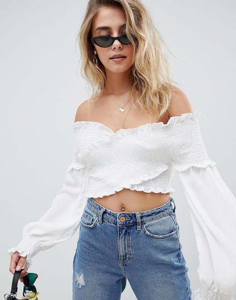 Boohoo - Top Con Scollo Alla Bardot Arricciato - Bianco