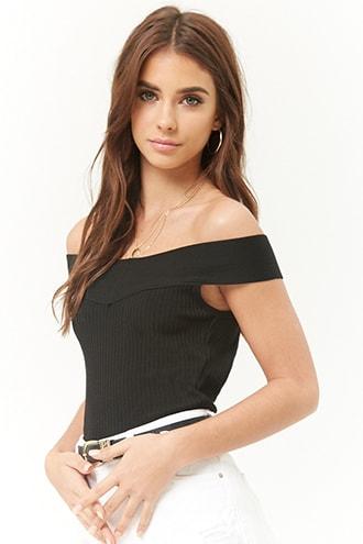 Forever 21 Ribbed Off-the-shoulder Top , Black