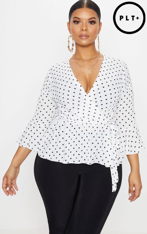 Plus White Polka Dot Wrap Blouse