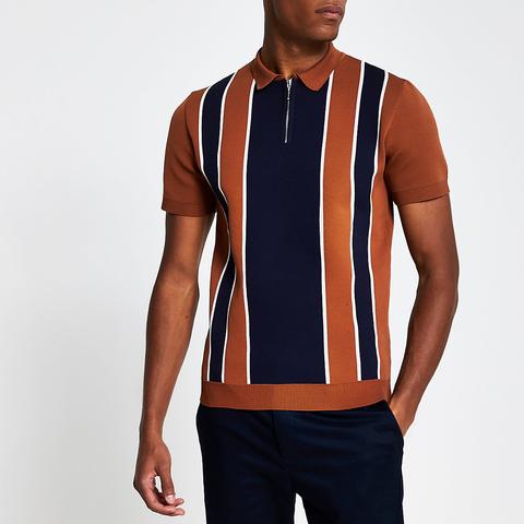 Rust Short Sleeve Stripe Knitted Polo Shirt