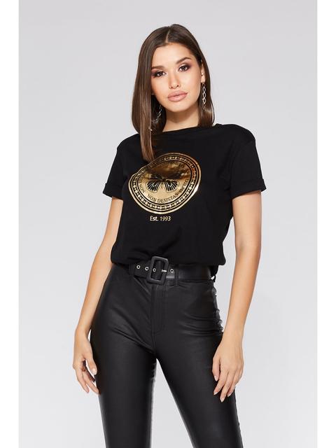 Black And Gold Butterfly Slogan T Shirt