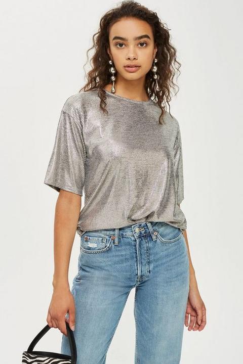 Womens Oversized Foil T-shirt - Silver, Silver