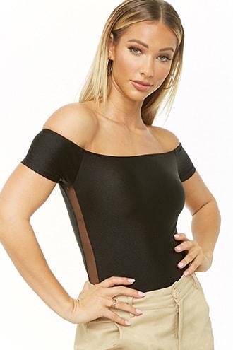 Forever 21 Off-the-shoulder Mesh-panel Bodysuit , Black