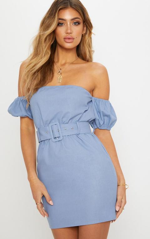 Dusty Blue Belt Detail Bardot Bodycon Dress