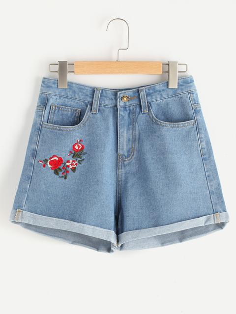 Floral Embroidered Cuffed Denim Shorts