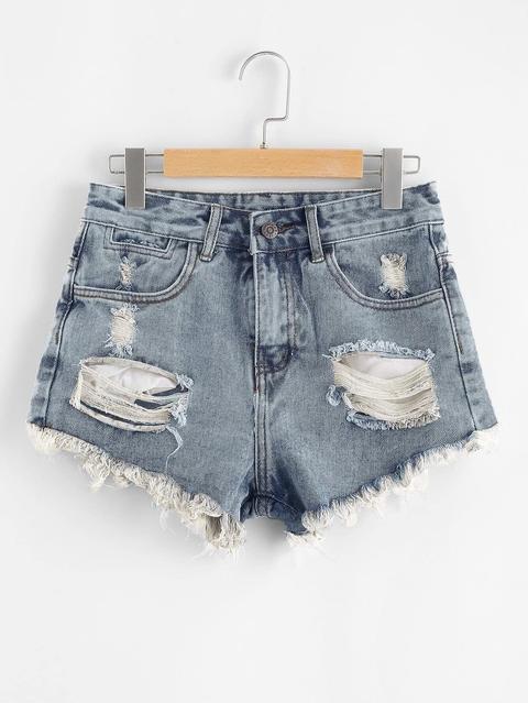 Shorts In Denim Strappati Orlo Grezzo