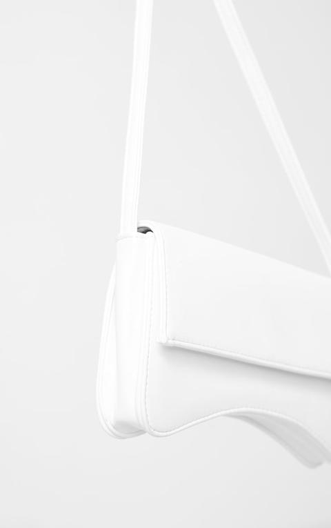 White Pu Flap Over Baguette Shoulder Bag