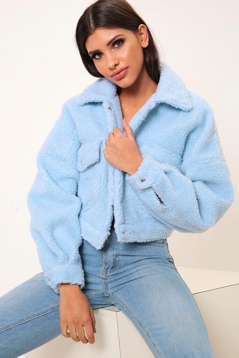 Baby Blue Cropped Borg Trucker Jacket