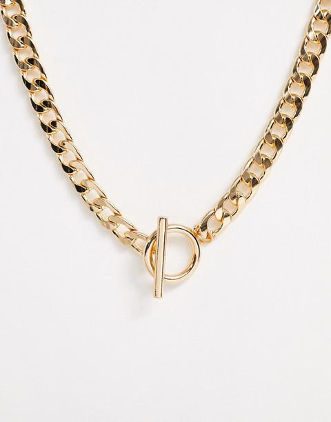 Asos Design Necklace With T Bar And Curb Chain In Gold Tone