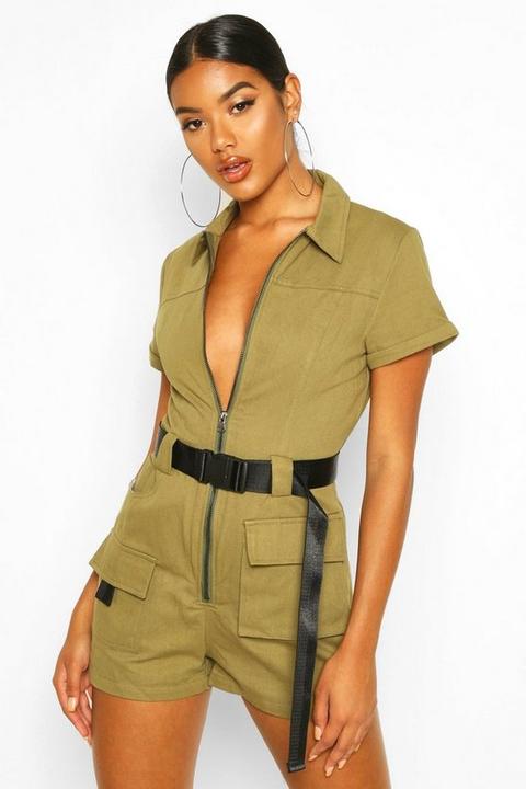 Womens Utility Belted Playsuit - Green - 10, Green