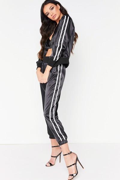 Pamela Black Satin Side Stripe Tracksuit