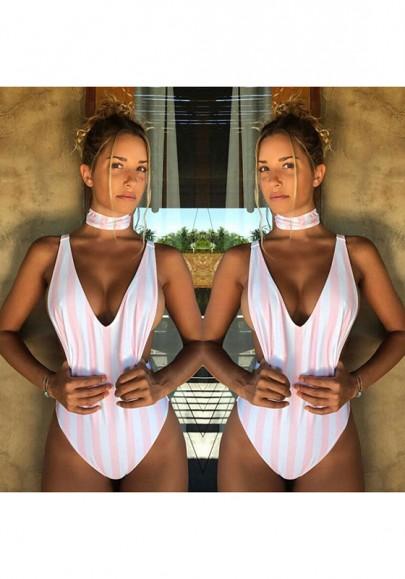 Pink Striped Pattern Plunging Neckline Sleeveless Swimwear