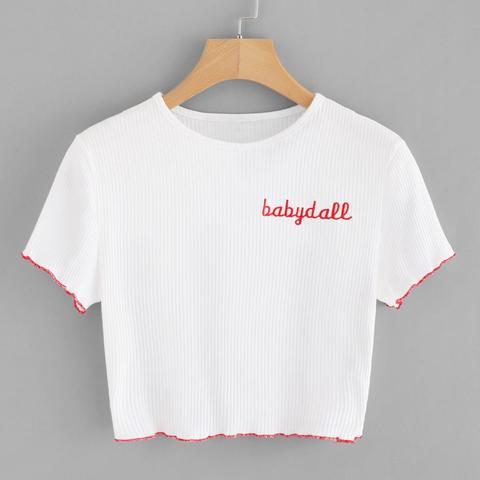 Camiseta Corta De Canalé Con Bordado De Letras