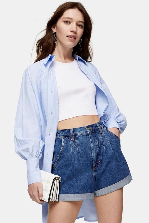 Rich Blue Pleated Roll Hem Mom Denim Shorts