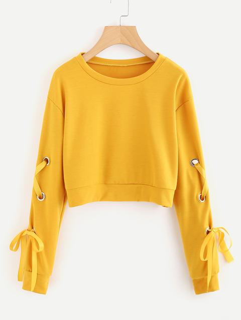 Eyelet Lace Up Sleeve Crop Sweatshirt