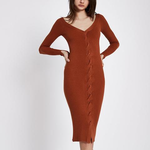 Dark Orange Cable Knit Cut Out Dress